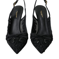 Dolce & Gabbana Black Tulle Ricamo Heels Slingbacks Shoes