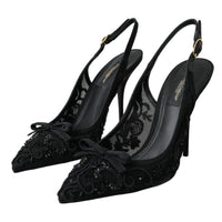 Dolce & Gabbana Black Tulle Ricamo Heels Slingbacks Shoes