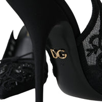 Dolce & Gabbana Black Tulle Ricamo Heels Slingbacks Shoes