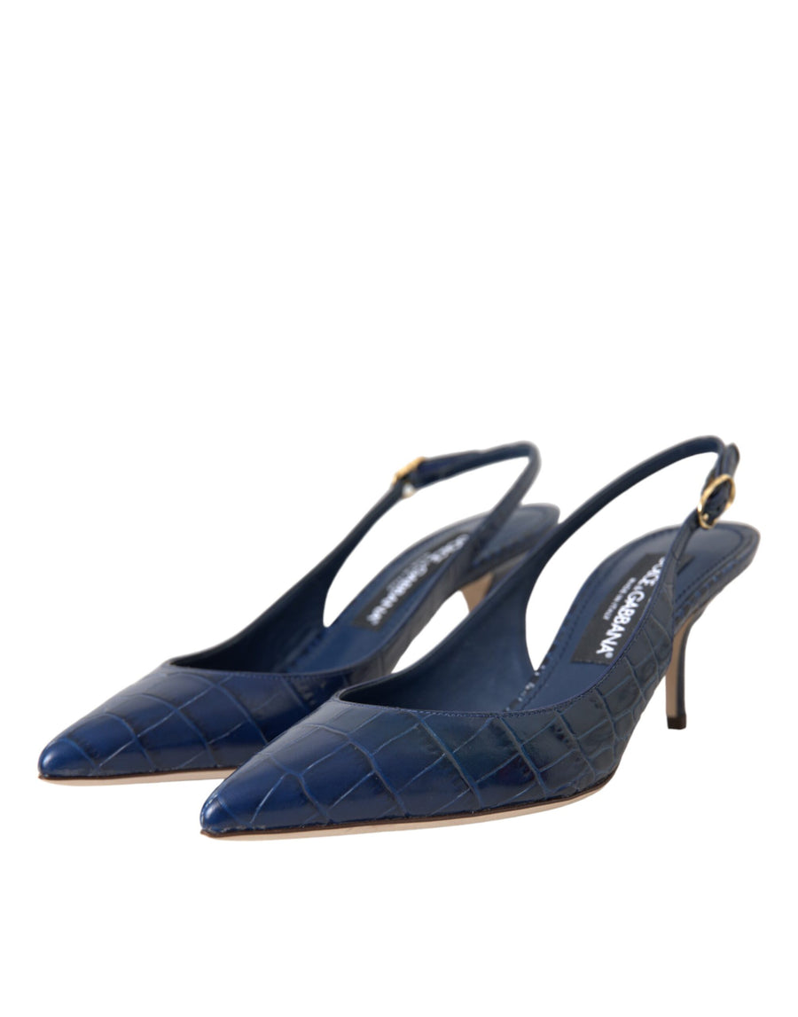 Dolce & Gabbana Dark Blue Croc Leather Slingbacks Shoes