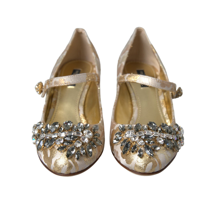 Dolce & Gabbana Gold Jacquard Crystal Mary Janes Pumps Shoes