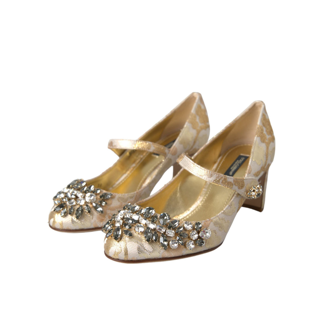 Dolce & Gabbana Gold Jacquard Crystal Mary Janes Pumps Shoes