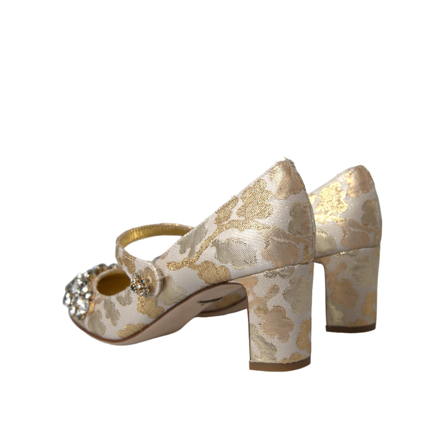 Dolce & Gabbana Gold Jacquard Crystal Mary Janes Pumps Shoes