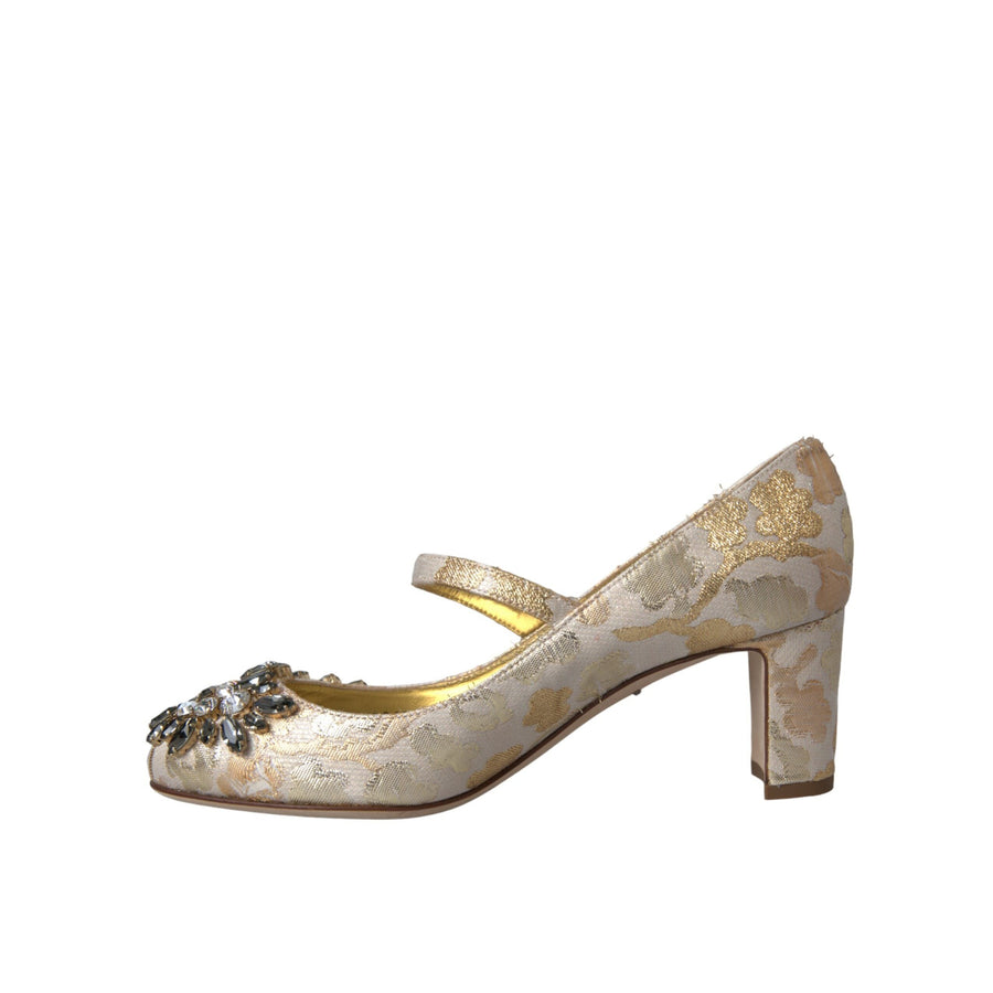 Dolce & Gabbana Gold Jacquard Crystal Mary Janes Pumps Shoes