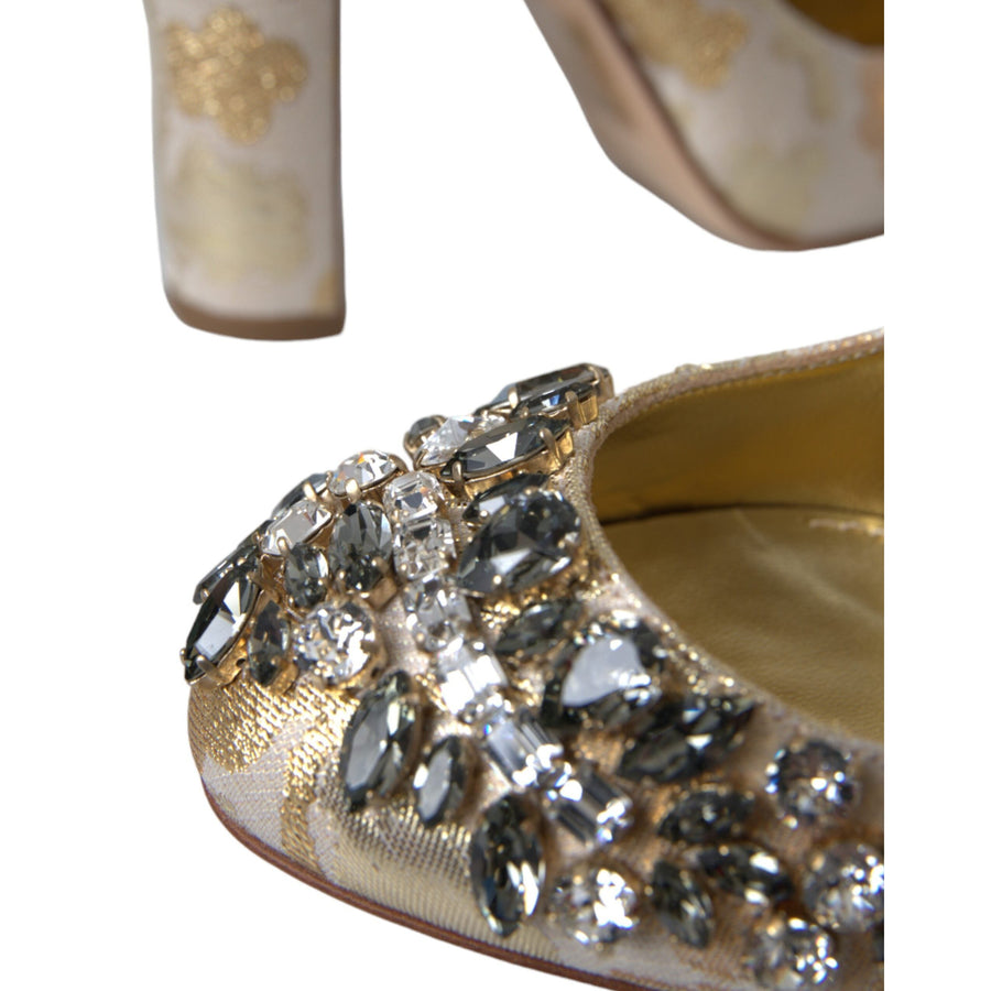 Dolce & Gabbana Gold Jacquard Crystal Mary Janes Pumps Shoes