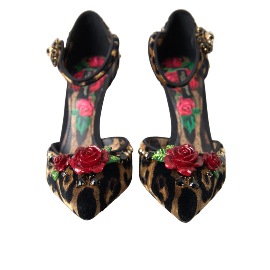 Dolce & Gabbana Brown Leopard Floral Crystal Mary Janes Pumps Shoes