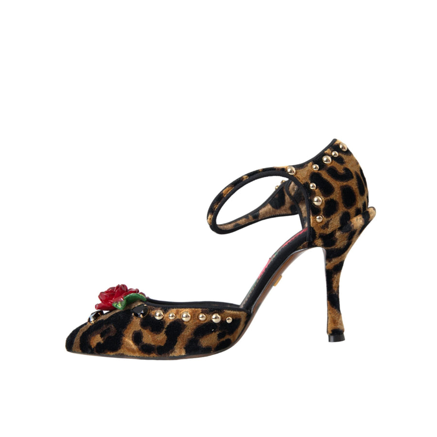 Dolce & Gabbana Brown Leopard Floral Crystal Mary Janes Pumps Shoes