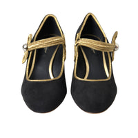 Dolce & Gabbana Black Suede Gold Mary Janes Heels Pumps Shoes