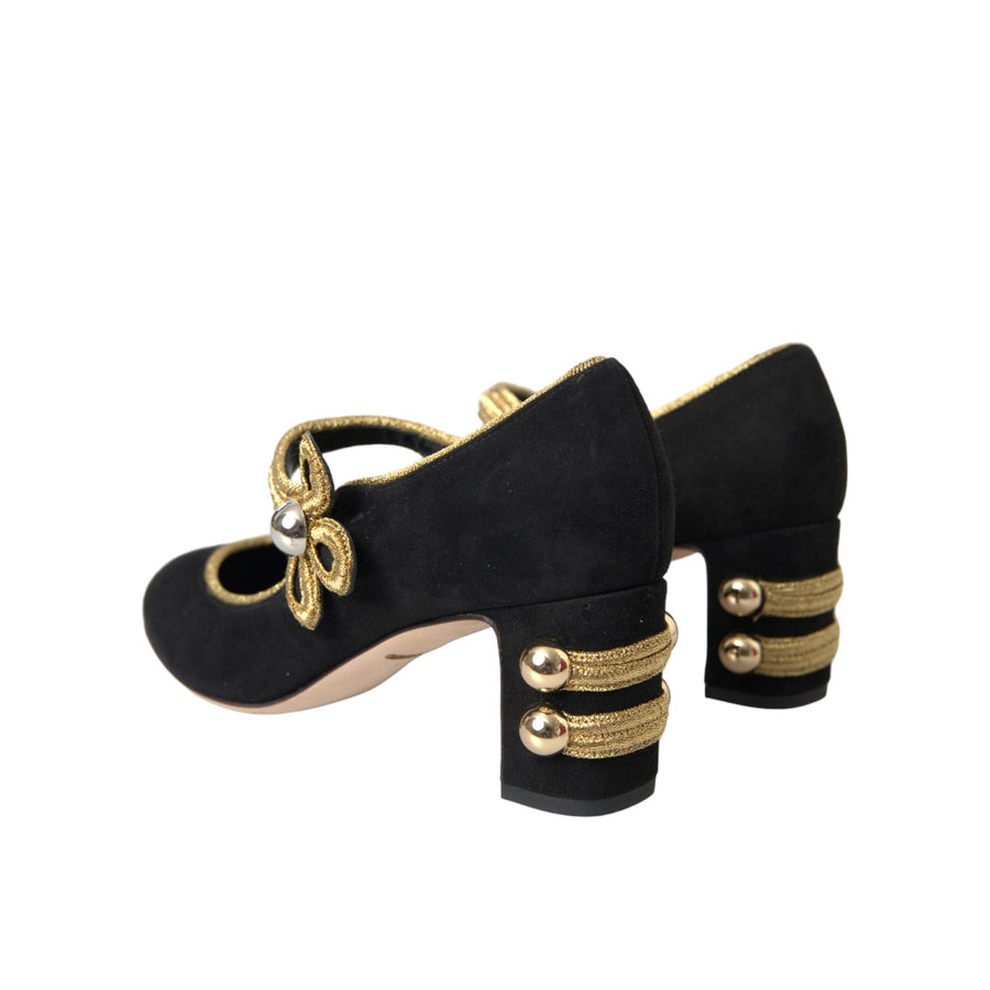 Dolce & Gabbana Black Suede Gold Mary Janes Heels Pumps Shoes