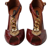 Dolce & Gabbana Dark Red Leather Gold Devotion Heart Sandals Shoes