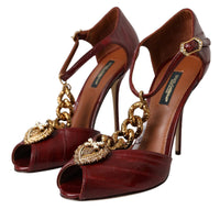 Dolce & Gabbana Dark Red Leather Gold Devotion Heart Sandals Shoes