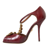 Dolce & Gabbana Dark Red Leather Gold Devotion Heart Sandals Shoes