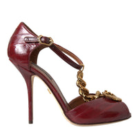 Dolce & Gabbana Dark Red Leather Gold Devotion Heart Sandals Shoes