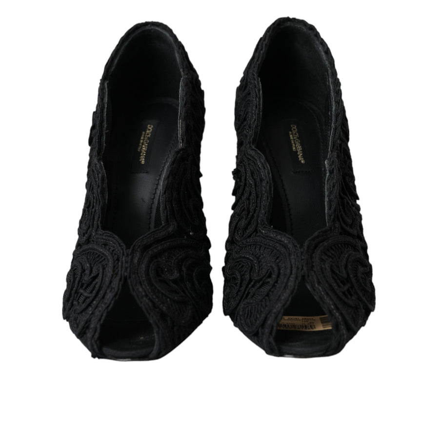 Dolce & Gabbana Black Cordonetto Ricamo Pump Open Toe Shoes