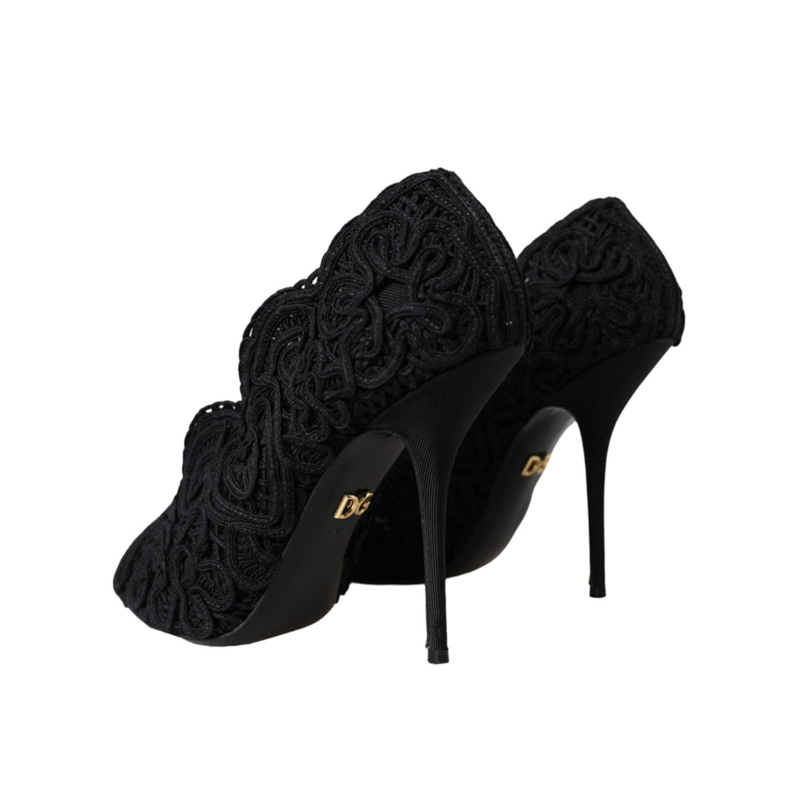 Dolce & Gabbana Black Cordonetto Ricamo Pump Open Toe Shoes