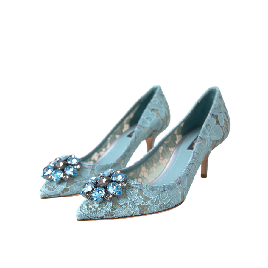 Dolce & Gabbana Blue Taormina Lace Crystal Heel Pumps Shoes