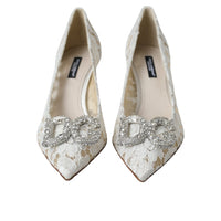 Dolce & Gabbana White Floral Lace DG Crystal Pumps Shoes