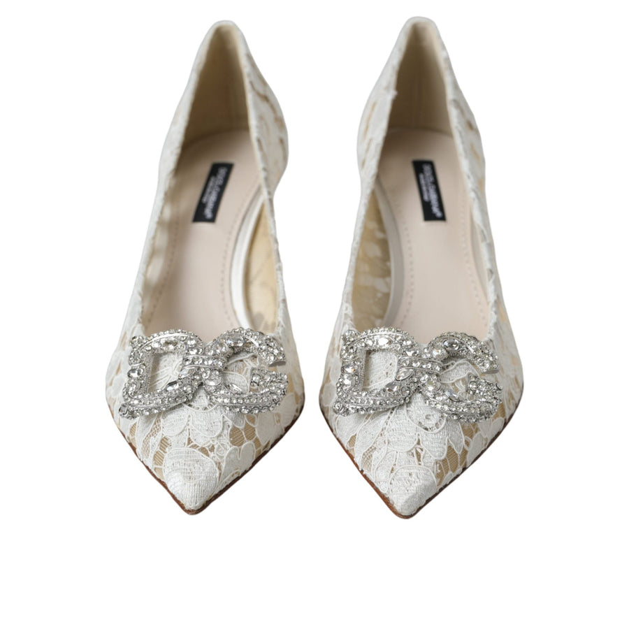 Dolce & Gabbana White Floral Lace DG Crystal Pumps Shoes