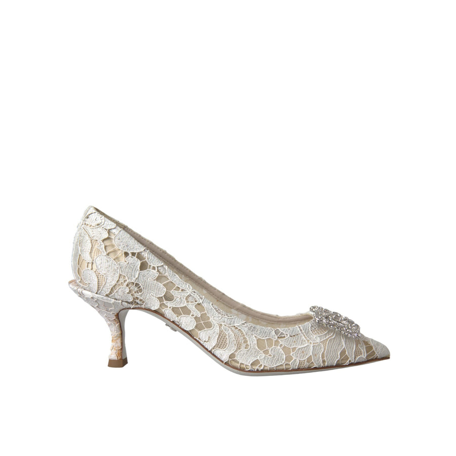 Dolce & Gabbana White Floral Lace DG Crystal Pumps Shoes