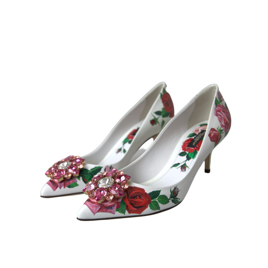 Dolce & Gabbana White Leather Roses Crystal Bellucci Pumps Shoes