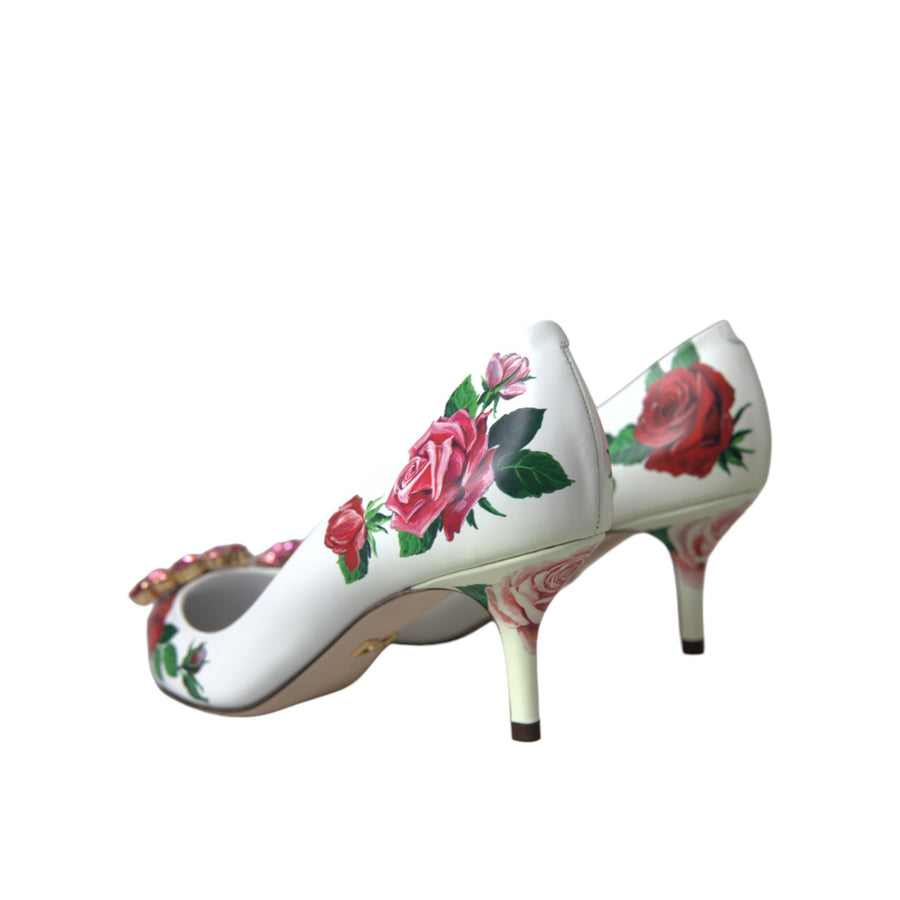 Dolce & Gabbana White Leather Roses Crystal Bellucci Pumps Shoes