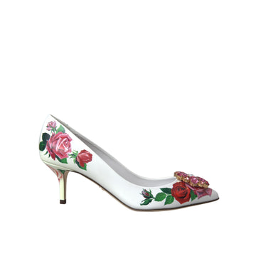 Dolce & Gabbana White Leather Roses Crystal Bellucci Pumps Shoes