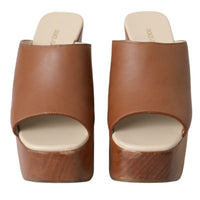 Dolce & Gabbana Brown Leather Wood Mules Wedge Slides Shoes