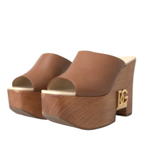 Dolce & Gabbana Brown Leather Wood Mules Wedge Slides Shoes