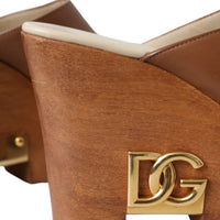 Dolce & Gabbana Brown Leather Wood Mules Wedge Slides Shoes