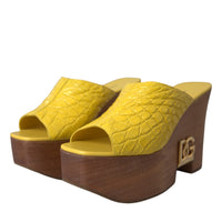 Dolce & Gabbana Yellow Leather Wood Mule Wedge Slides Shoes