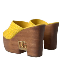 Dolce & Gabbana Yellow Leather Wood Mule Wedge Slides Shoes