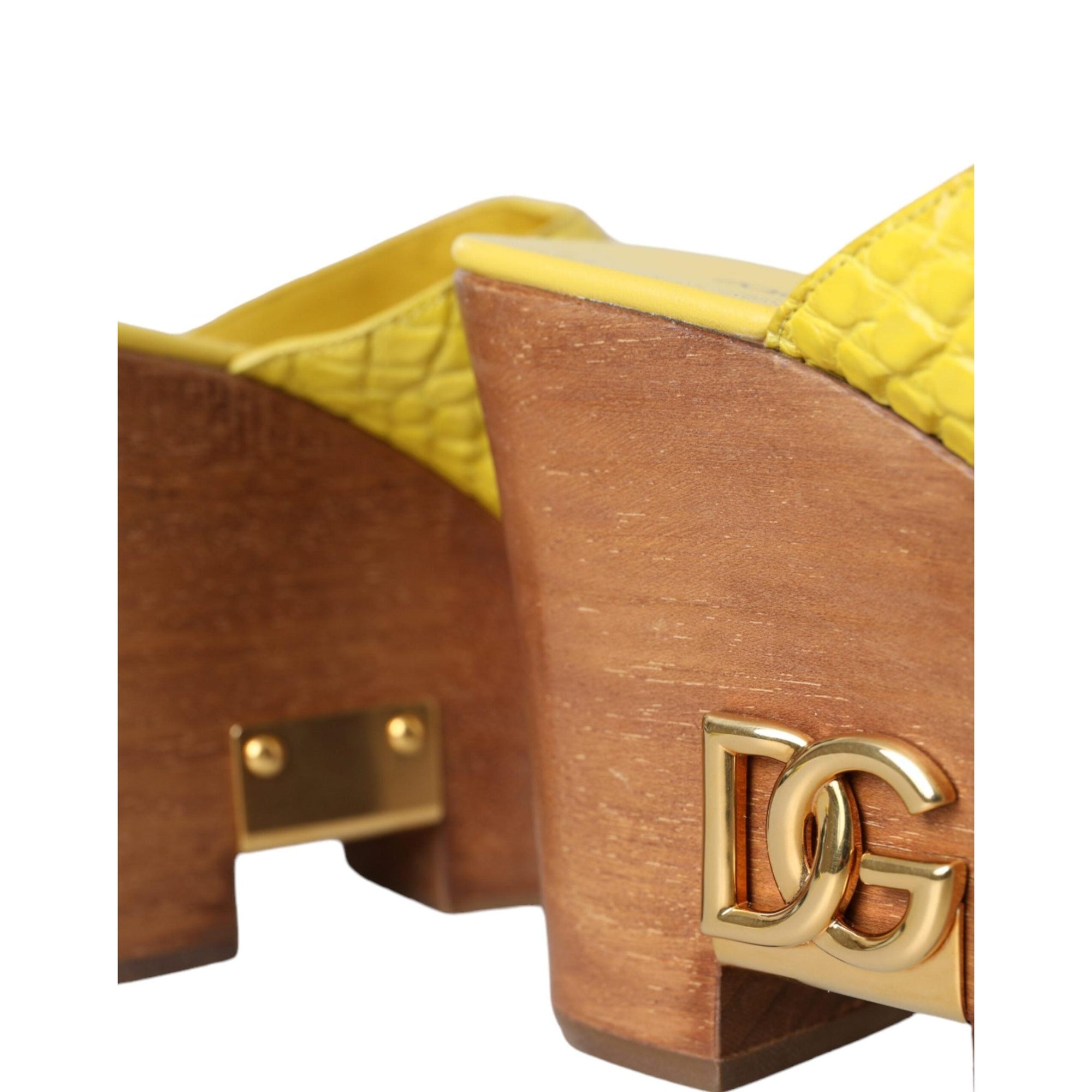 Dolce &amp; Gabbana Yellow Leather Wood Mule Wedge Slides Shoes