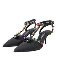 Dolce & Gabbana Black Leather Embellished Heels Sandal Shoes