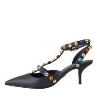 Dolce & Gabbana Black Leather Embellished Heels Sandal Shoes