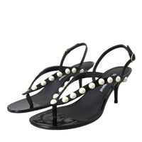 Dolce & Gabbana Black Leather Faux Pearl Heel Sandals Shoes