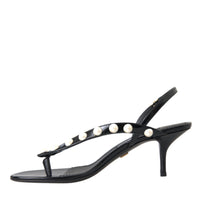 Dolce & Gabbana Black Leather Faux Pearl Heel Sandals Shoes