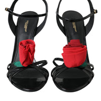 Dolce & Gabbana Black Leather Rose Ankle Strap Heels Sandals Shoes