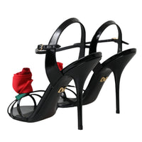 Dolce & Gabbana Black Leather Rose Ankle Strap Heels Sandals Shoes