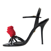 Dolce & Gabbana Black Leather Rose Ankle Strap Heels Sandals Shoes