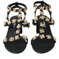 Dolce & Gabbana Black Leather Embellished Heel Sandal Shoes