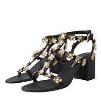 Dolce & Gabbana Black Leather Embellished Heel Sandal Shoes