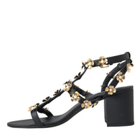 Dolce & Gabbana Black Leather Embellished Heel Sandal Shoes