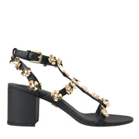 Dolce & Gabbana Black Leather Embellished Heel Sandal Shoes