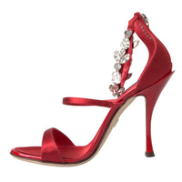 Dolce & Gabbana Red Keira Satin Crystals Sandals Heels Shoes