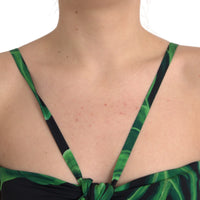 Dolce & Gabbana Black Green Leaf Silk Halter Cropped Top