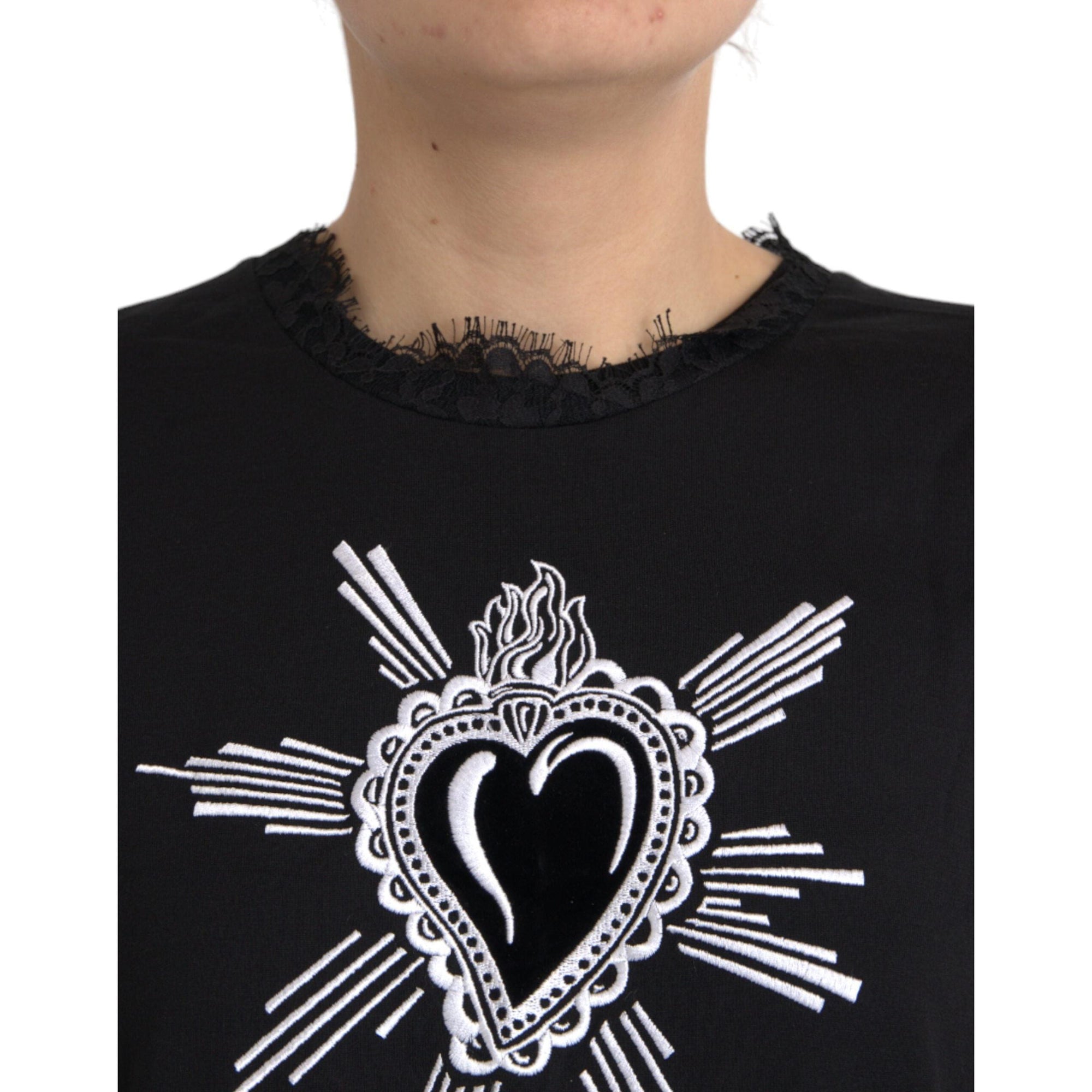 Dolce &amp; Gabbana Black Sacred Heart Print Cotton Lace T-shirt