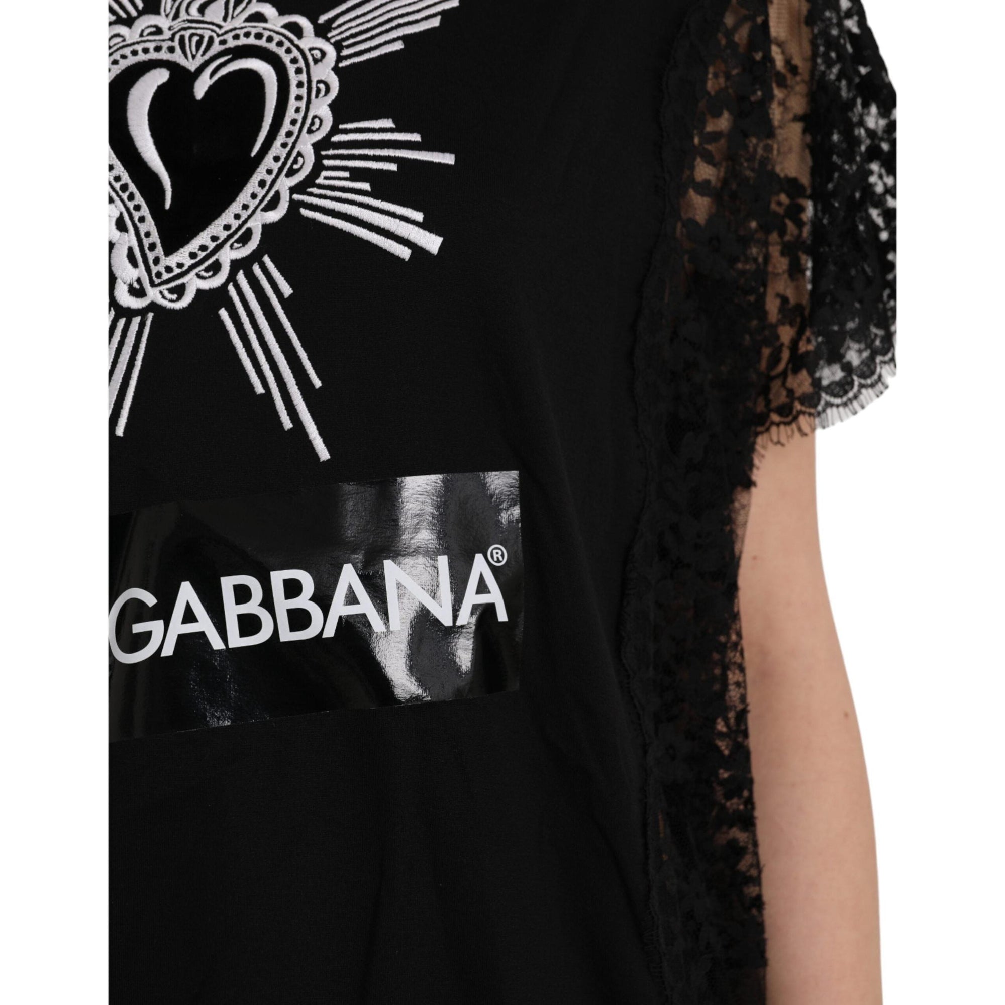 Dolce &amp; Gabbana Black Sacred Heart Print Cotton Lace T-shirt