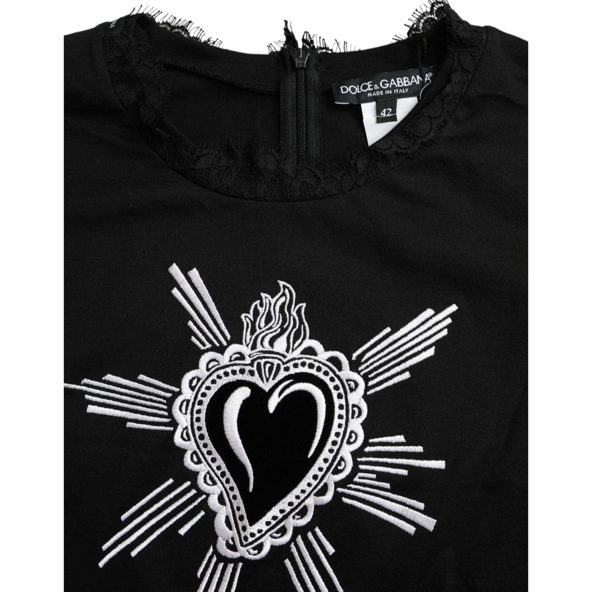 Dolce &amp; Gabbana Black Sacred Heart Print Cotton Lace T-shirt