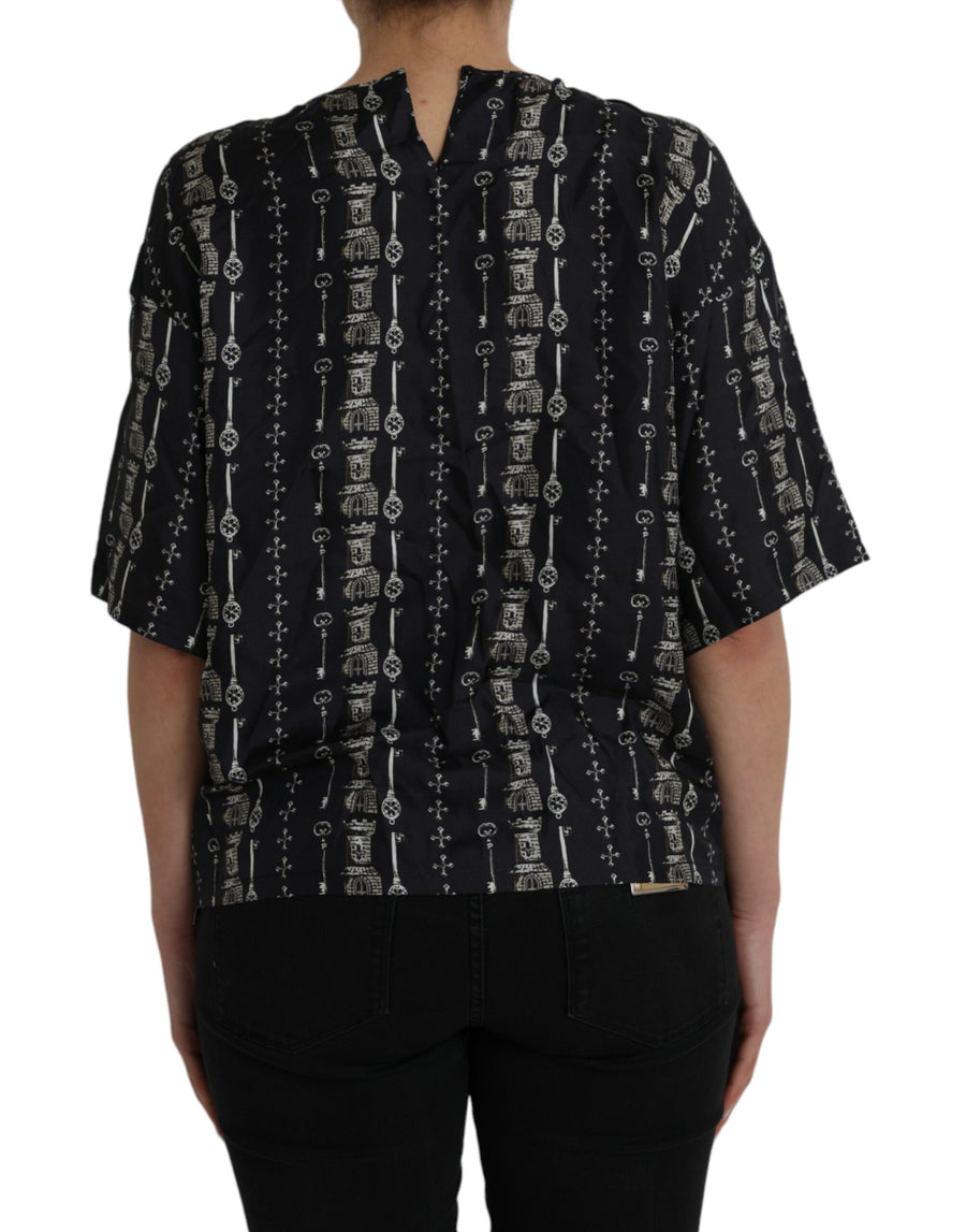 Dolce & Gabbana Black Key Castle Print Silk Blouse T-shirt