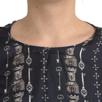 Dolce & Gabbana Black Key Castle Print Silk Blouse T-shirt